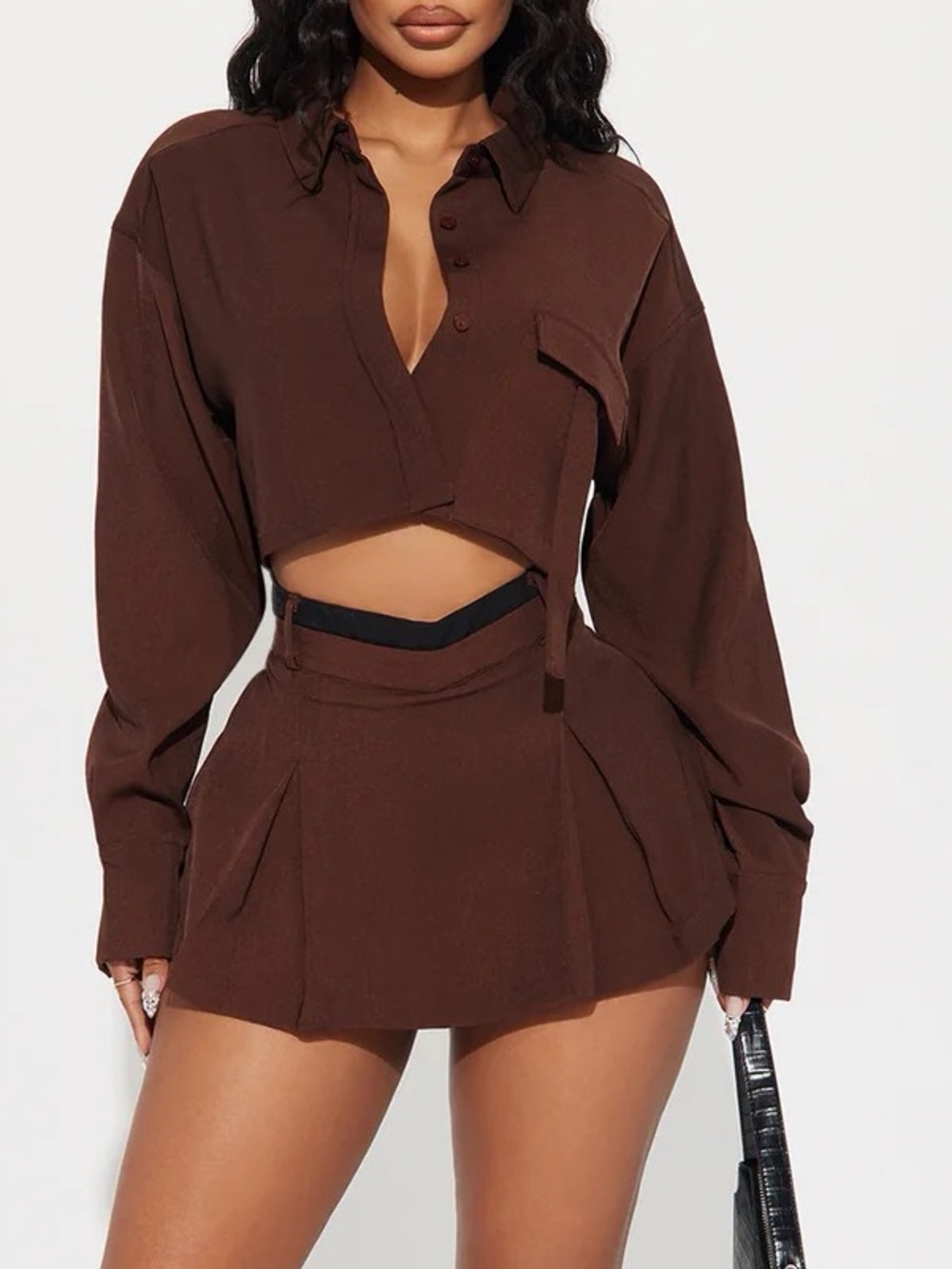 Fashion Nova Brown Crop Shirt & Pleated Mini Skirt Set - Picture 4 of 14